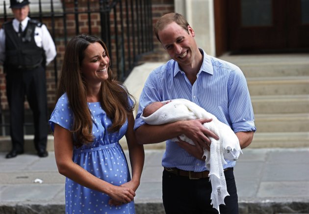 Britain's Prince William and his wife Catherine, Duchess of Cambridge appear with son, outside St Mary's Hospital, in central London