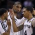 San Antonio Spurs' Green, Duncan and Joseph celebrate during a timeout in second quarter play against the Miami Heat during Game 5 of their NBA Finals basketball series in San Antonio