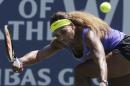 Serena Williams, of the United State, returns the ball to Andrea Petkovic, from Germany, during the first set of a semifinal in the Bank of the West Classic tennis tournament in Stanford, Calif., Saturday, Aug. 2, 2014. (AP Photo/Jeff Chiu)