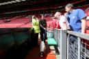 A sniffer dog during the English Premier League match at Old Trafford, Manchester, England. The stadium has been evacuated and the match abandoned after a suspect package was found prior to kick off. Sunday May 15, 2016. Martin Rickett/PA / PA via AP) UNITED KINGDOM OUT - NO SALES - NO ARCHIVES