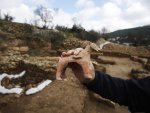 An archaeologist displays a horse figurine at Tel Motza archaeological site on the outskirts of Jerusalem