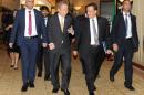 United Nations special envoy to Yemen, Ismail Ould Cheikh Ahmed (2-R) and United Nations Secretary General Ban Ki-moon (2-L) arrive for Yemeni Peace Talks with Yemeni delegations in Kuwait City on June 27, 2016