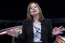 General Motors CEO Mary Barra appears onstage during a launch event for new Chevrolet cars before the New York Auto Show in New York