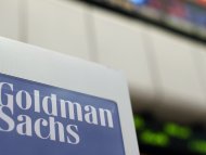A Goldman Sachs sign is seen on the floor of the New York Stock Exchange