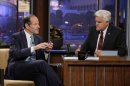This publicity image released by NBC shows former New York Gov. Eliot Spitzer, left, talking with host Jay Leno during a taping of "The Tonight Show with Jay Leno," Friday, July 12, 2013, in Burbank, Calif. Spitzer, who resigned as governor in 2008 amid a prostitution scandal, is now running for New York City comptroller. (AP Photo/NBC, Paul Drinkwater