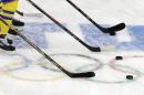 Members of Sweden's women's ice hockey team run warm up drills before facing Japan during the 2014 Winter Olympics women's ice hockey game at Shayba Arena, Sunday, Feb. 9, 2014, in Sochi, Russia. (AP Photo/Matt Slocum)