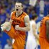 Oklahoma State's Phil Forte celebrates defeating Kansas in an NCAA college basketball game in Lawrence, Kan. on Saturday, Feb. 2, 2013. (AP Photo/The Wichita Eagle, Travis Heying)