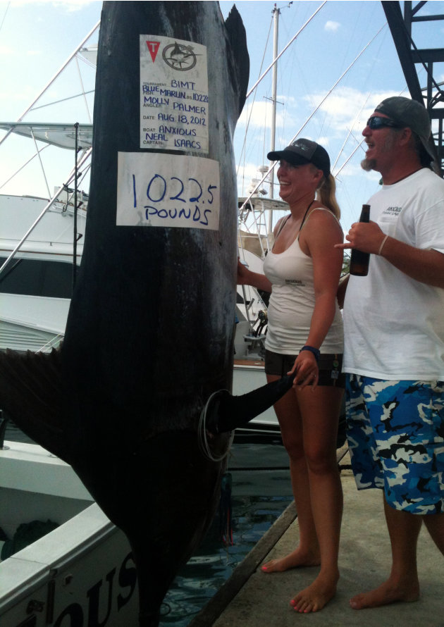 In this Aug. 18, 2012 photo provided by Jody Bright, Molly Palmer stands with her husband Shawn Palmer near her catch_ a 12-foot marlin that took more than four hours to get on her team’s boat, weighi