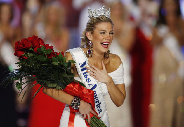 FILE - In this Jan. 12, 2013 file photo, Miss New York Mallory Hytes Hagan reacts as she is crowned Miss America 2013 in Las Vegas. Gov. Chris Christie's spokesman Michael Drewniak on Wednesday night, Feb. 13, 2013 confirmed news of the Miss America pageant's return to Atlantic City. Lt. Gov. Kim Guadagno is scheduled make a formal announcement Thursday on Atlantic City's Boardwalk Hall. (AP Photo/Isaac Brekken, File)
