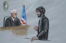 FILE - In this June 24, 2015, file courtroom sketch, Boston Marathon bomber Dzhokhar Tsarnaev, right, stands before U.S. District Judge George O'Toole Jr. as he addresses the court during his sentencing, in federal court in Boston. He is now detained in the highest-security prison in the U.S. Penitentiary in Florence, Colo., after being sentenced to death in June. (Jane Flavell Collins via AP, File)