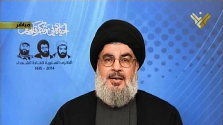 An image grab from Hezbollah's al-Manar TV shows Hassan Nasrallah, head of Hezbollah, giving a televised address from an undisclosed location on February 16, 2014 in Lebanon