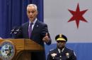 Chicago Mayor Rahm Emanuel delivers his speech as Police Superintendent Johnson watches in Chicago