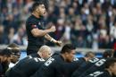 New Zealand's Liam Messam leads his team in the traditional haka prior to their international rugby union match against England at Twickenham stadium, London, Saturday, Nov. 8, 2014. (AP Photo/Alastair Grant)