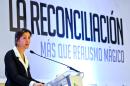French-Colombian politician and former hostage Ingrid Betancourt speaks in Bogota on May 5, 2016