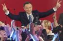 Opposition candidate Andrzej Duda celebrates with supporters his victory, as first exit polls in the presidential runoff voting are announced in Warsaw, Poland, Sunday, May 24, 2015. Polish President Bronislaw Komorowski conceded defeat in the presidential election Sunday after an exit poll showed him trailing Duda, a previously little-known right-wing politician. (AP Photo/Czarek Sokolowski)