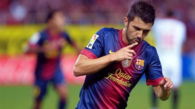 Villa celebra el tercer gol del Barcelona ante el Sevilla
