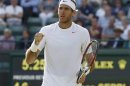 Juan Martin del Potro of Argentina celebrates after defeating Andreas Seppi of Italy in their men's singles tennis match at the Wimbledon Tennis Championships, in London