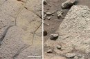 Handout photo of a set of images comparing rocks seen by NASA's Opportunity rover and Curiosity rover at two different parts of Mars