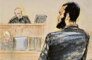 Courtroom sketch shows defendant Khadr pleading guilty to terrorism during a U.S. war crimes tribunal at Guantanamo Bay Naval Base in Cuba